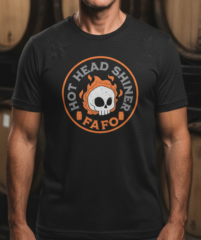 Black t-shirt with 'Hot Head Shiner FAFO' logo on a white background